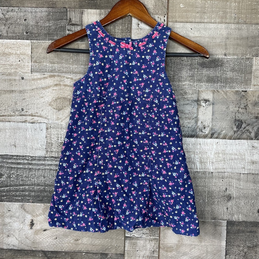 Little Girls Size 5 Blue Corduroy Floral Sleeveless Dress Jumper Y2K Button Back